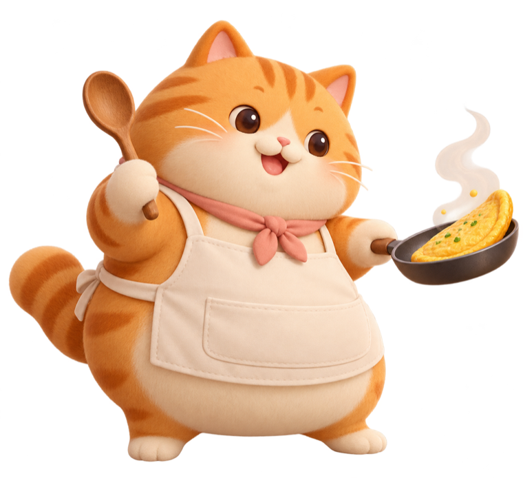 Alex, a chubby cat preparing an omelette