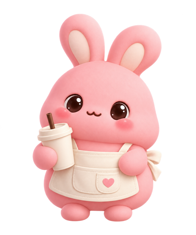 Boey, a pink bunny holding her drink