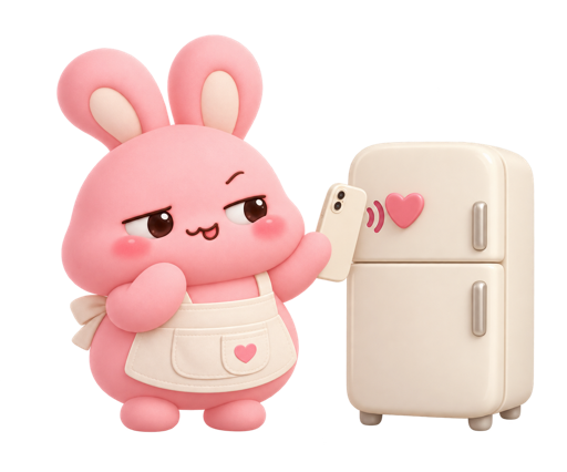 Boey with a cheeky face, tapping her phone on the fridge NFC tag